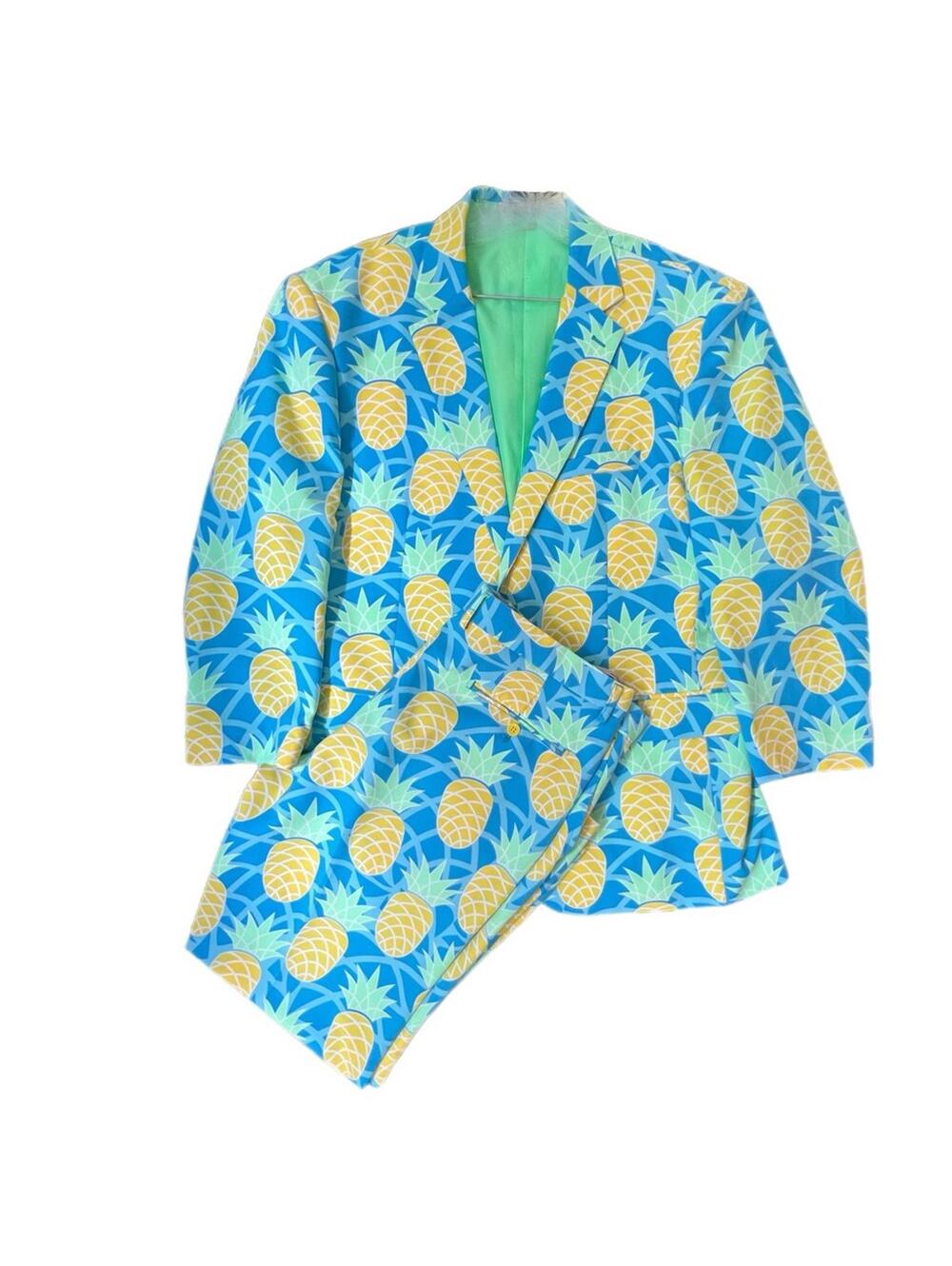 OppoSuits Pineapple Yellow & Blue Patterned Suit - sz 48